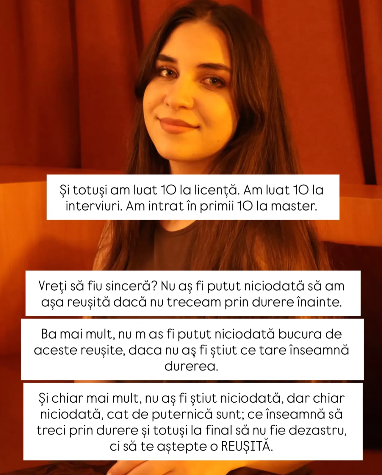 Portrete ale Norei într-un interior cu draperii roșii, cu text despre o perioadă grea și ce a urmat după ea