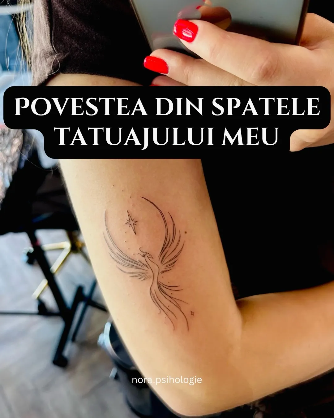Fotografii cu tatuajul unei păsări Phoenix pe brațul Norei, alături de ilustrații cu pasărea mitologică
