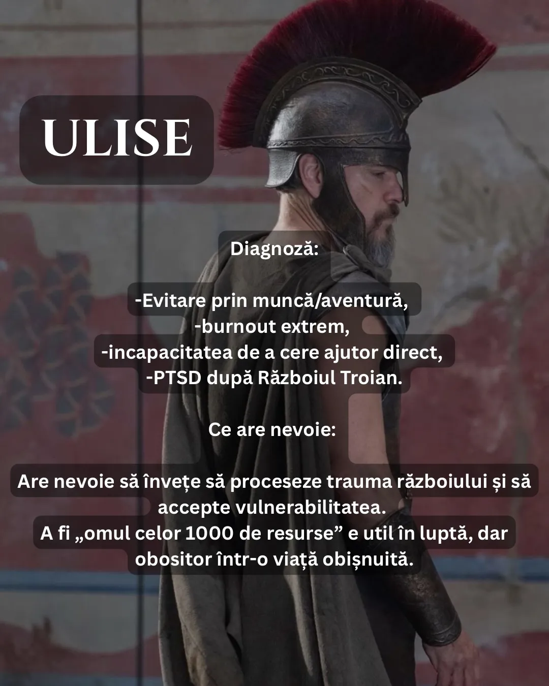 Imagini cu personajele din filmul Odiseea, fiecare însoțit de o diagnoză scrisă în glumă