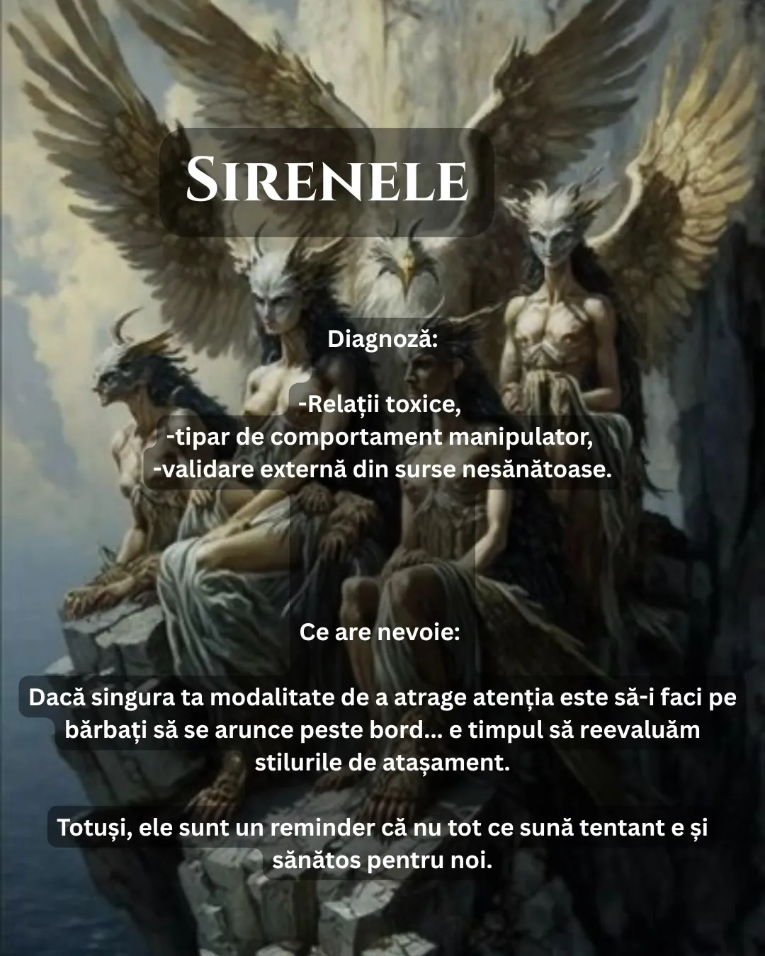Imagini cu personajele din filmul Odiseea, fiecare însoțit de o diagnoză scrisă în glumă