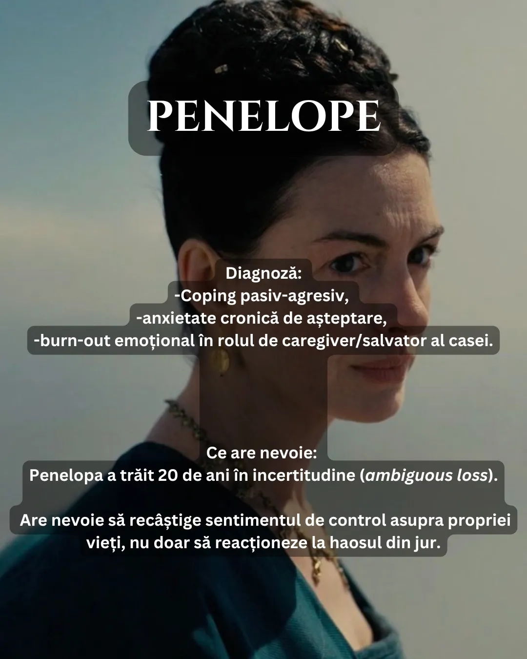 Imagini cu personajele din filmul Odiseea, fiecare însoțit de o diagnoză scrisă în glumă
