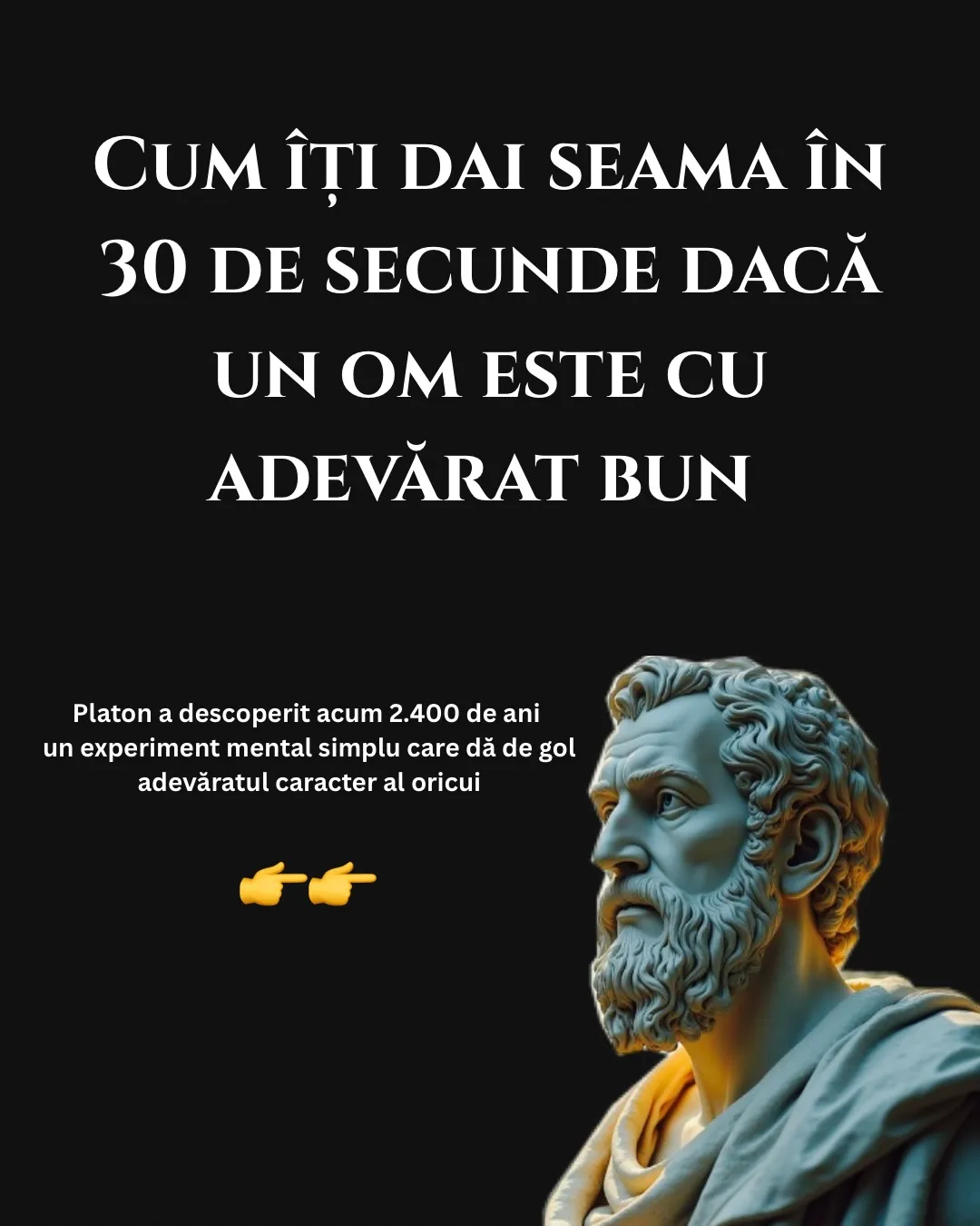 Imagini pe fundal negru cu un bust al lui Platon și un inel desenat, cu text despre experimentul mental al Inelului lui Gyges