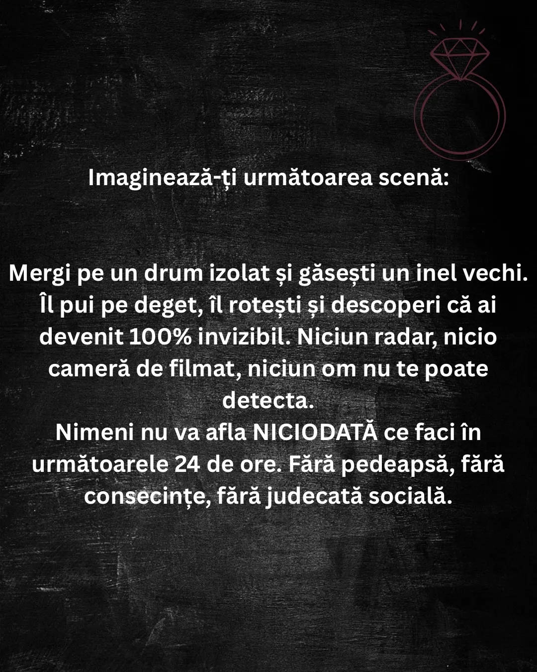 Imagini pe fundal negru cu un bust al lui Platon și un inel desenat, cu text despre experimentul mental al Inelului lui Gyges