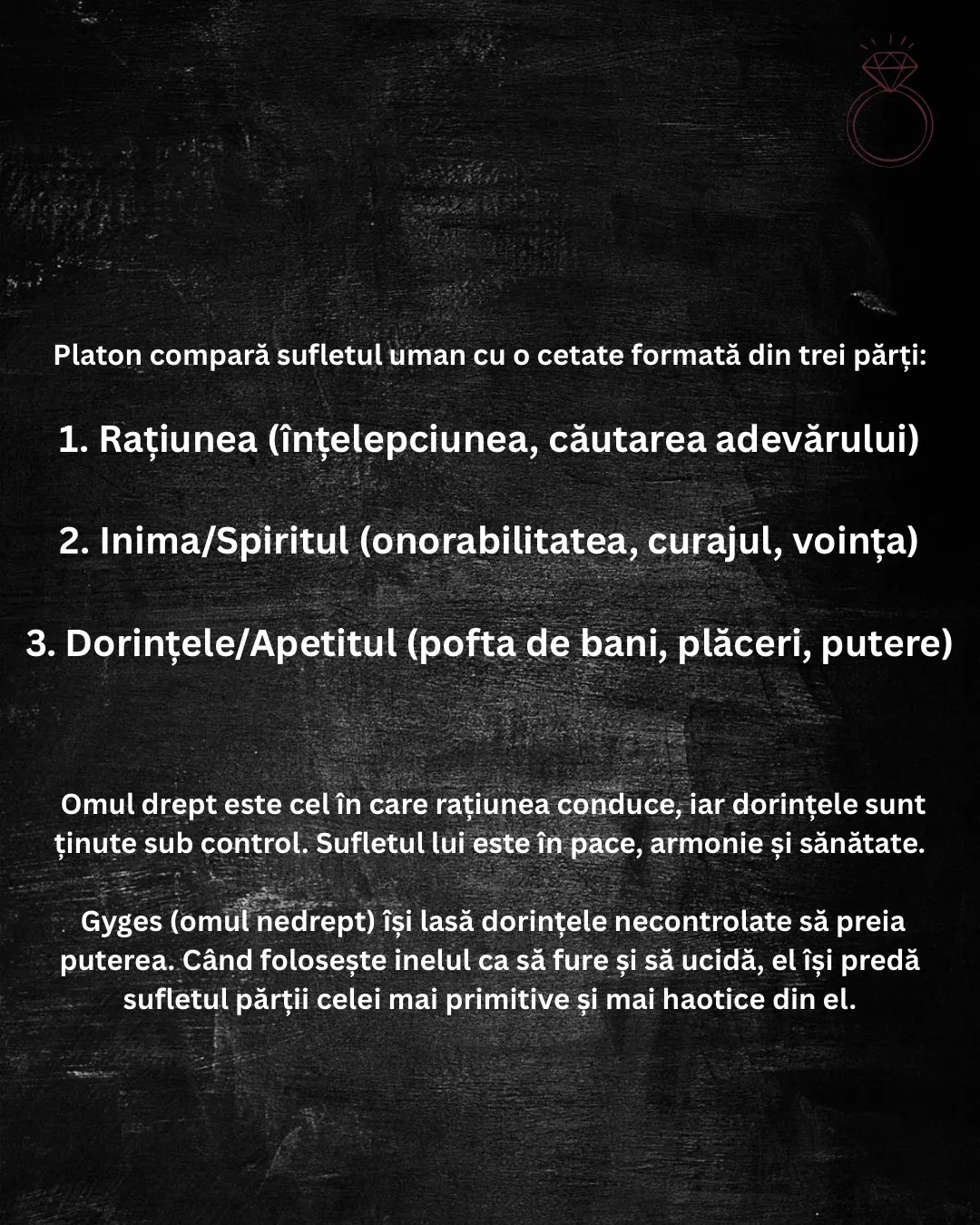 Imagini pe fundal negru cu un bust al lui Platon și un inel desenat, cu text despre experimentul mental al Inelului lui Gyges