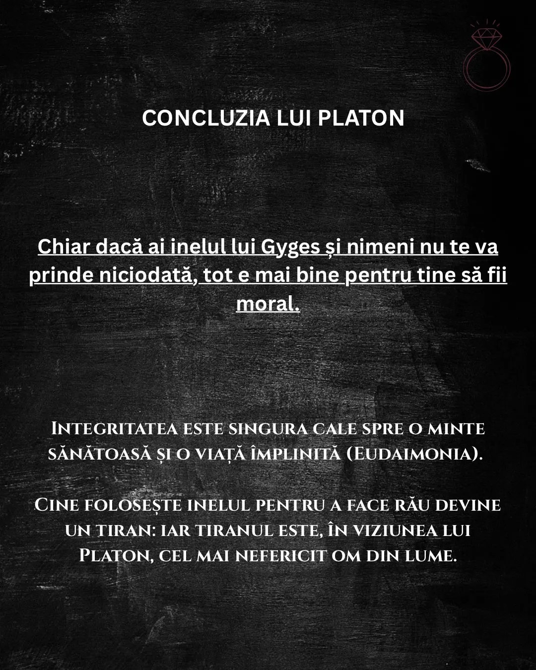 Imagini pe fundal negru cu un bust al lui Platon și un inel desenat, cu text despre experimentul mental al Inelului lui Gyges