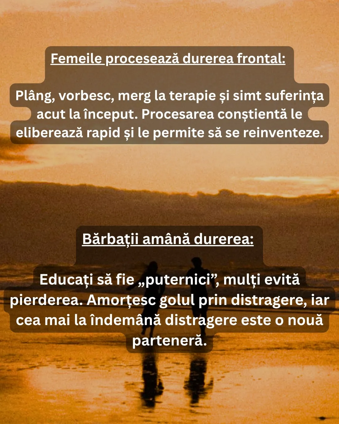 Siluete pe plajă la apus, cu text despre felul în care se procesează durerea după o despărțire