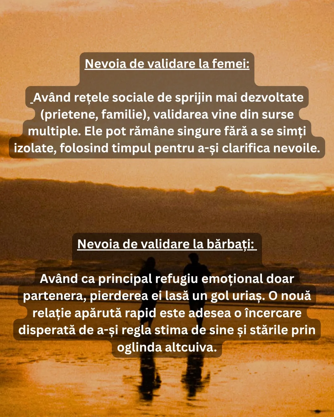 Siluete pe plajă la apus, cu text despre felul în care se procesează durerea după o despărțire