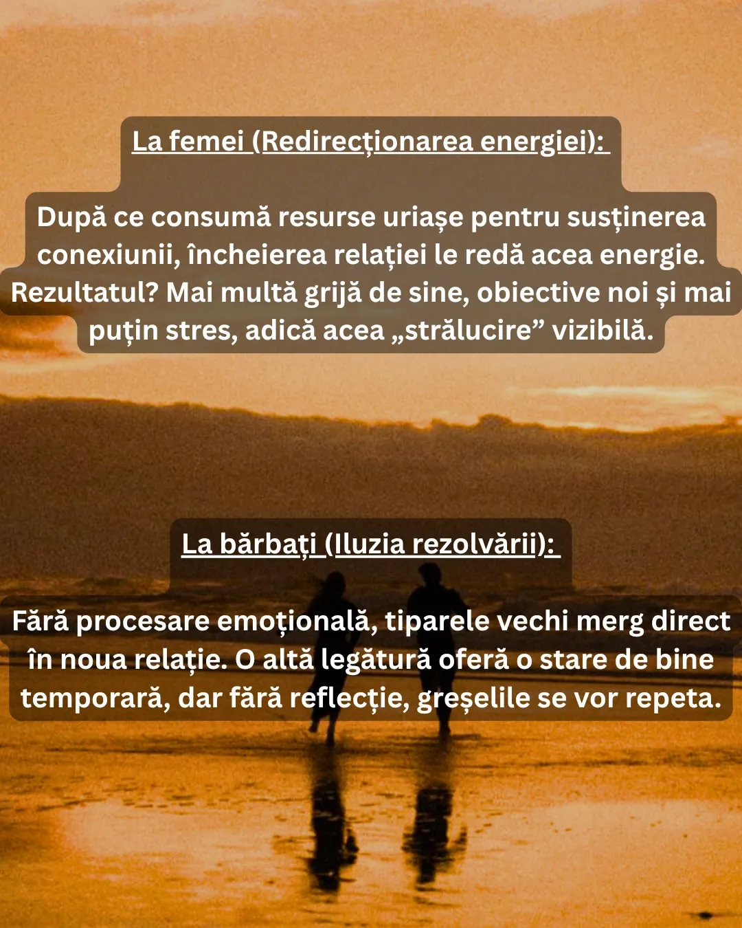 Siluete pe plajă la apus, cu text despre felul în care se procesează durerea după o despărțire