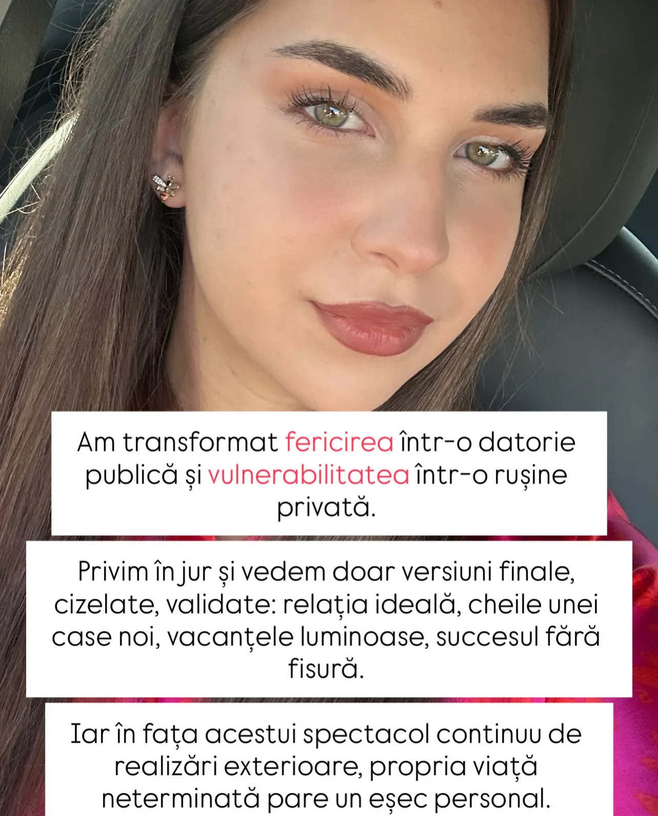 Portrete ale Norei, cu text despre prefăcătoria de a fi bine tot timpul și despre autenticitate