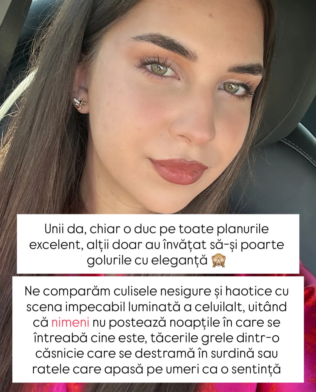 Portrete ale Norei, cu text despre prefăcătoria de a fi bine tot timpul și despre autenticitate
