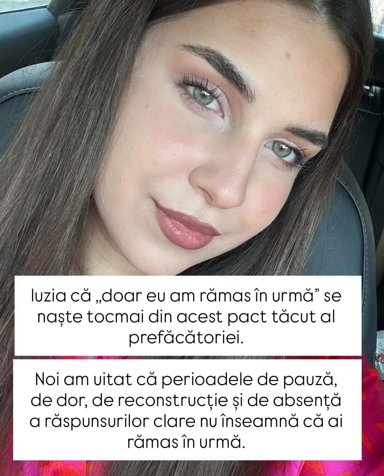 Portrete ale Norei, cu text despre prefăcătoria de a fi bine tot timpul și despre autenticitate