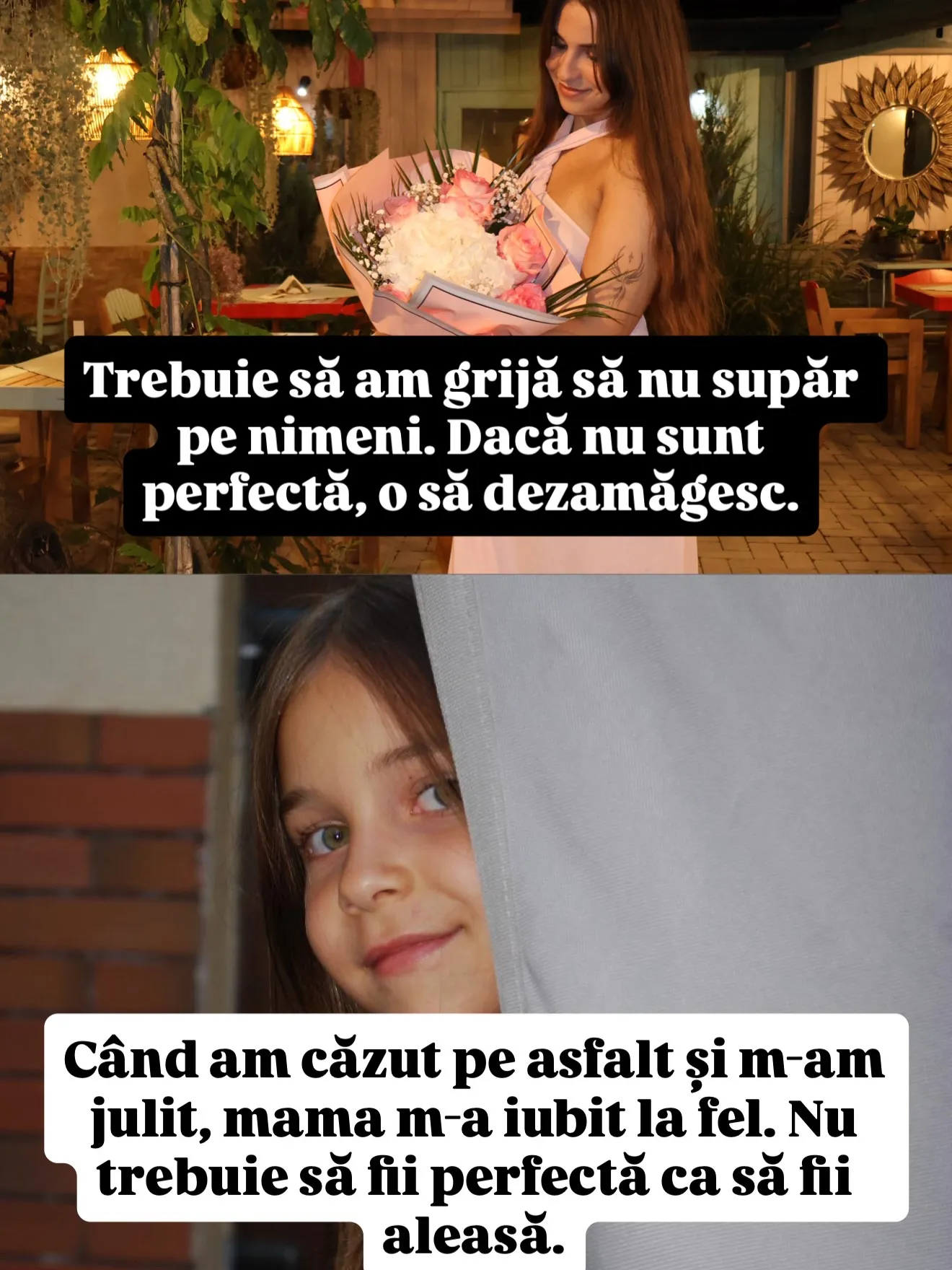 Colaj din două fotografii, Nora acum și Nora în copilărie, cu replicile lor scrise peste imagini