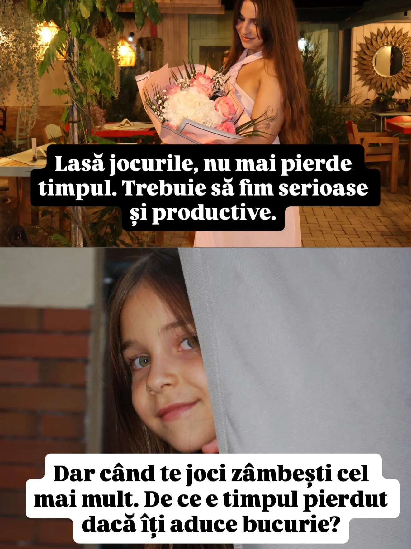 Colaj din două fotografii, Nora acum și Nora în copilărie, cu replicile lor scrise peste imagini