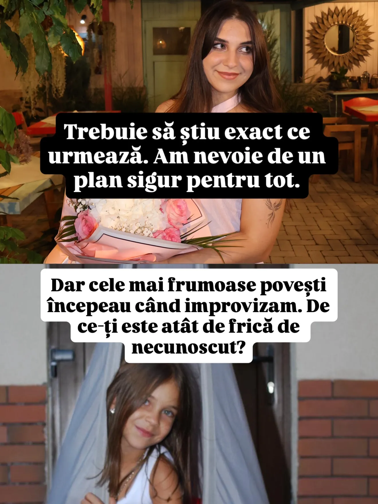 Colaj din două fotografii, Nora acum și Nora în copilărie, cu replicile lor scrise peste imagini