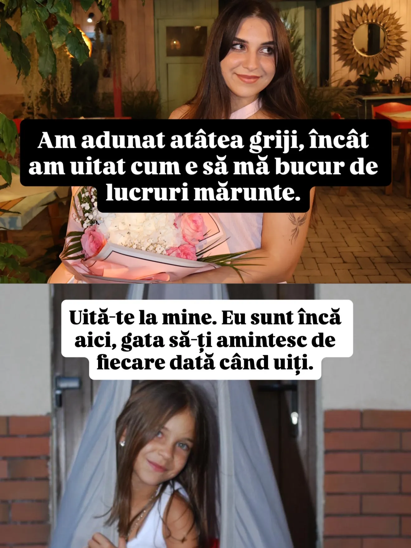Colaj din două fotografii, Nora acum și Nora în copilărie, cu replicile lor scrise peste imagini