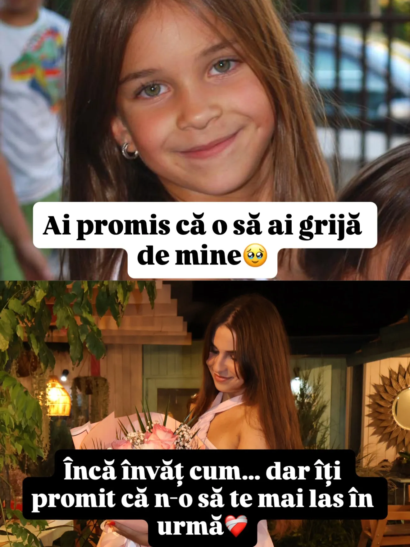 Colaj din două fotografii, Nora acum și Nora în copilărie, cu replicile lor scrise peste imagini