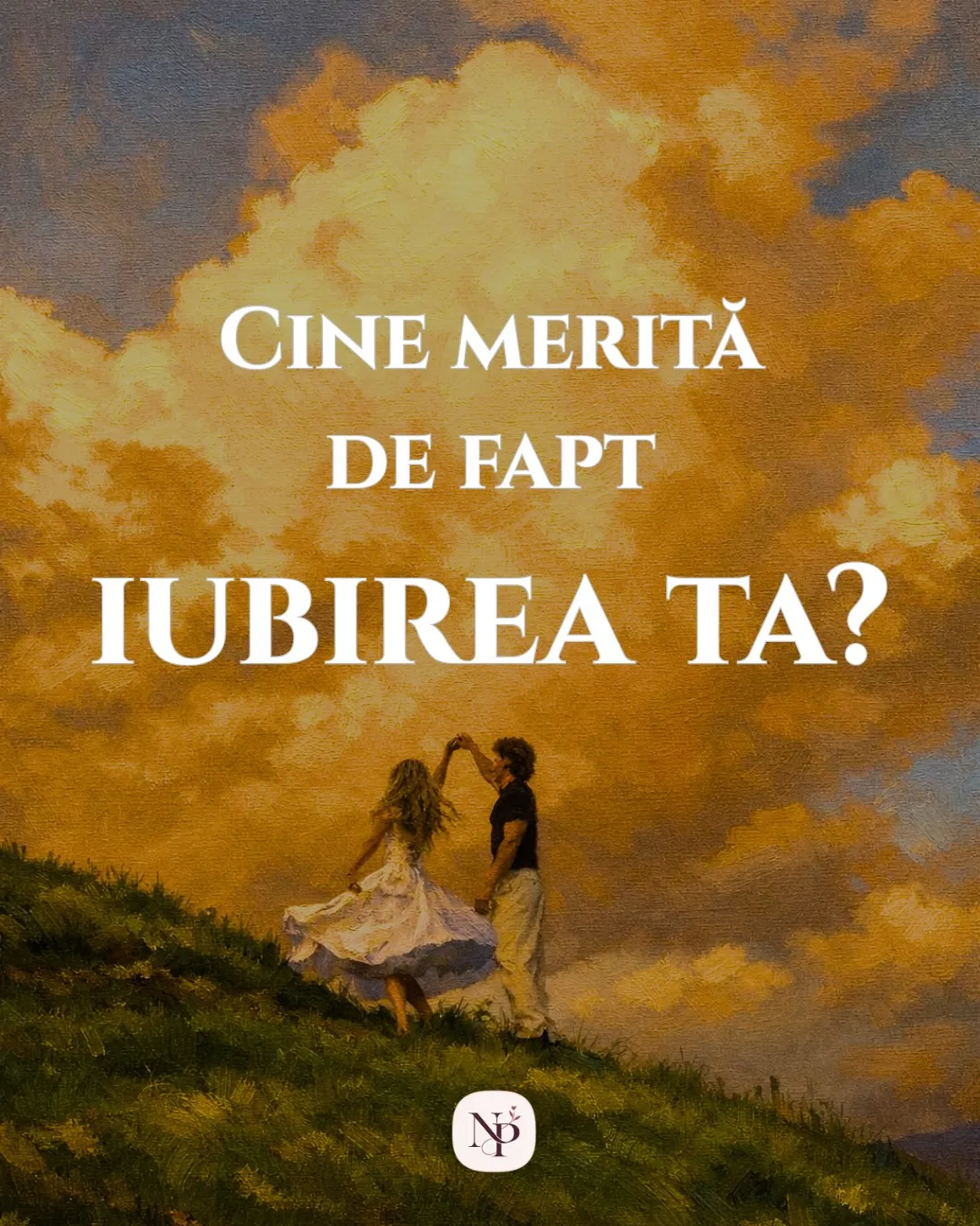 Pictură în ulei cu doi oameni care dansează pe un deal, sub nori aurii, cu textul postării scris peste