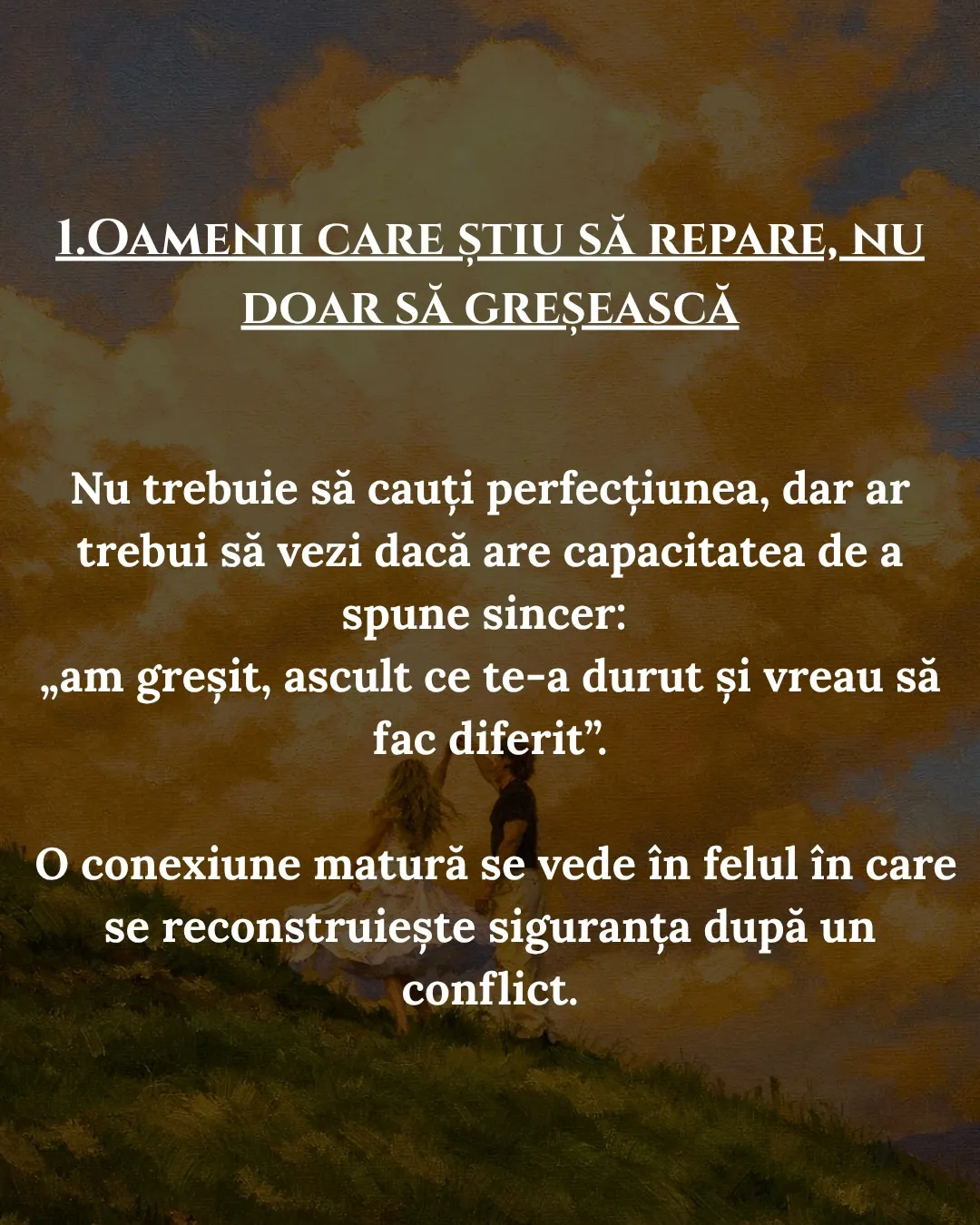 Pictură în ulei cu doi oameni care dansează pe un deal, sub nori aurii, cu textul postării scris peste
