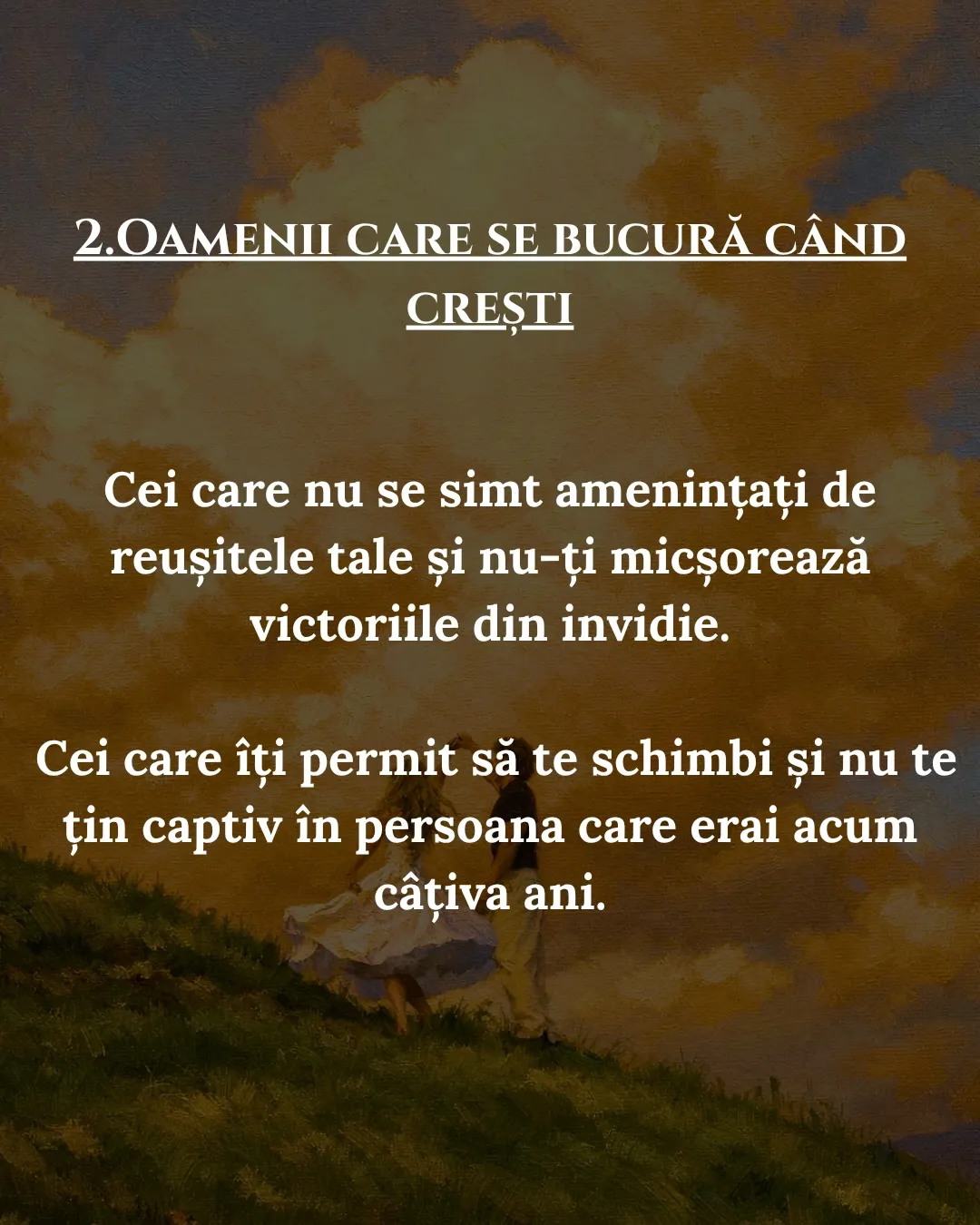 Pictură în ulei cu doi oameni care dansează pe un deal, sub nori aurii, cu textul postării scris peste