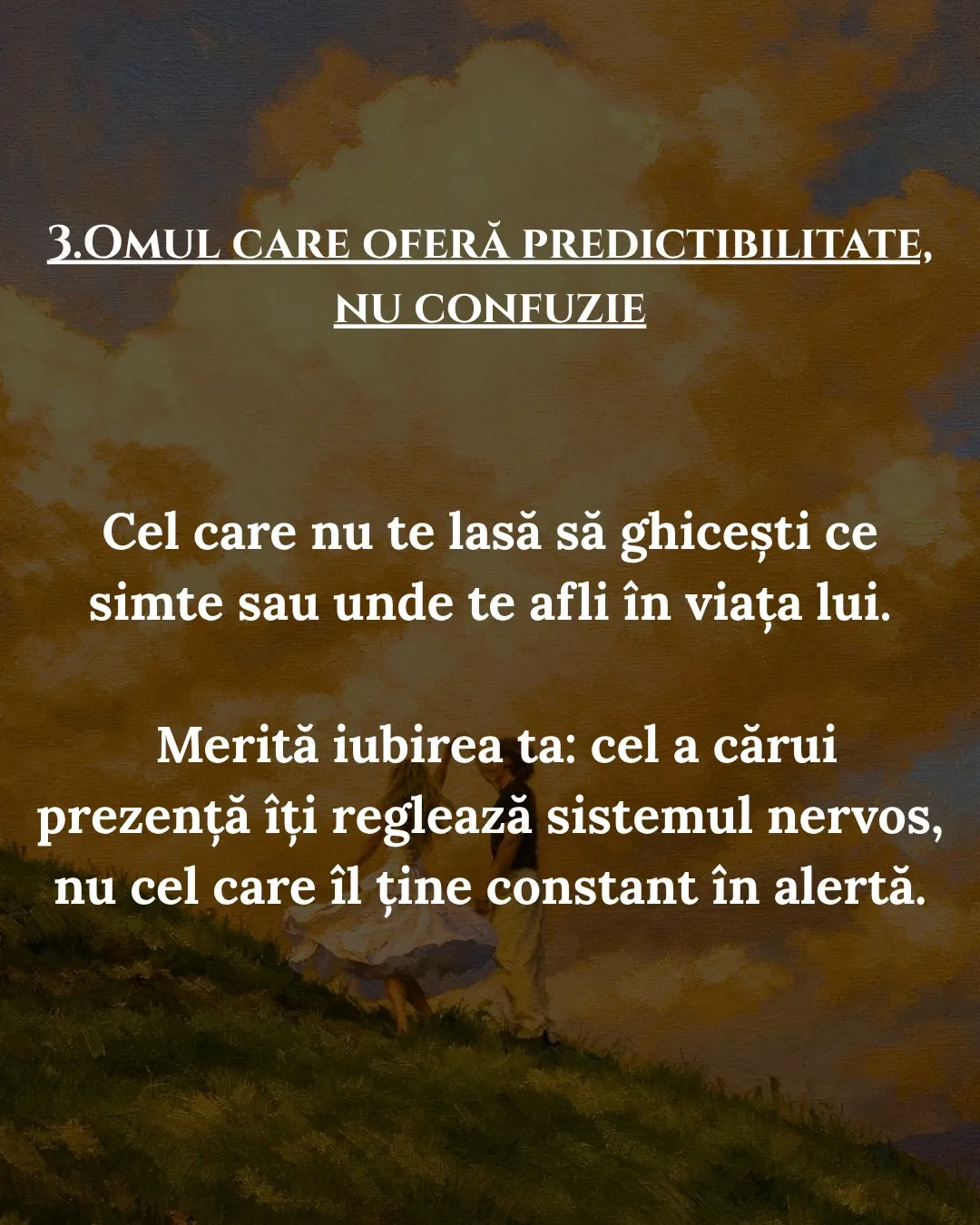Pictură în ulei cu doi oameni care dansează pe un deal, sub nori aurii, cu textul postării scris peste