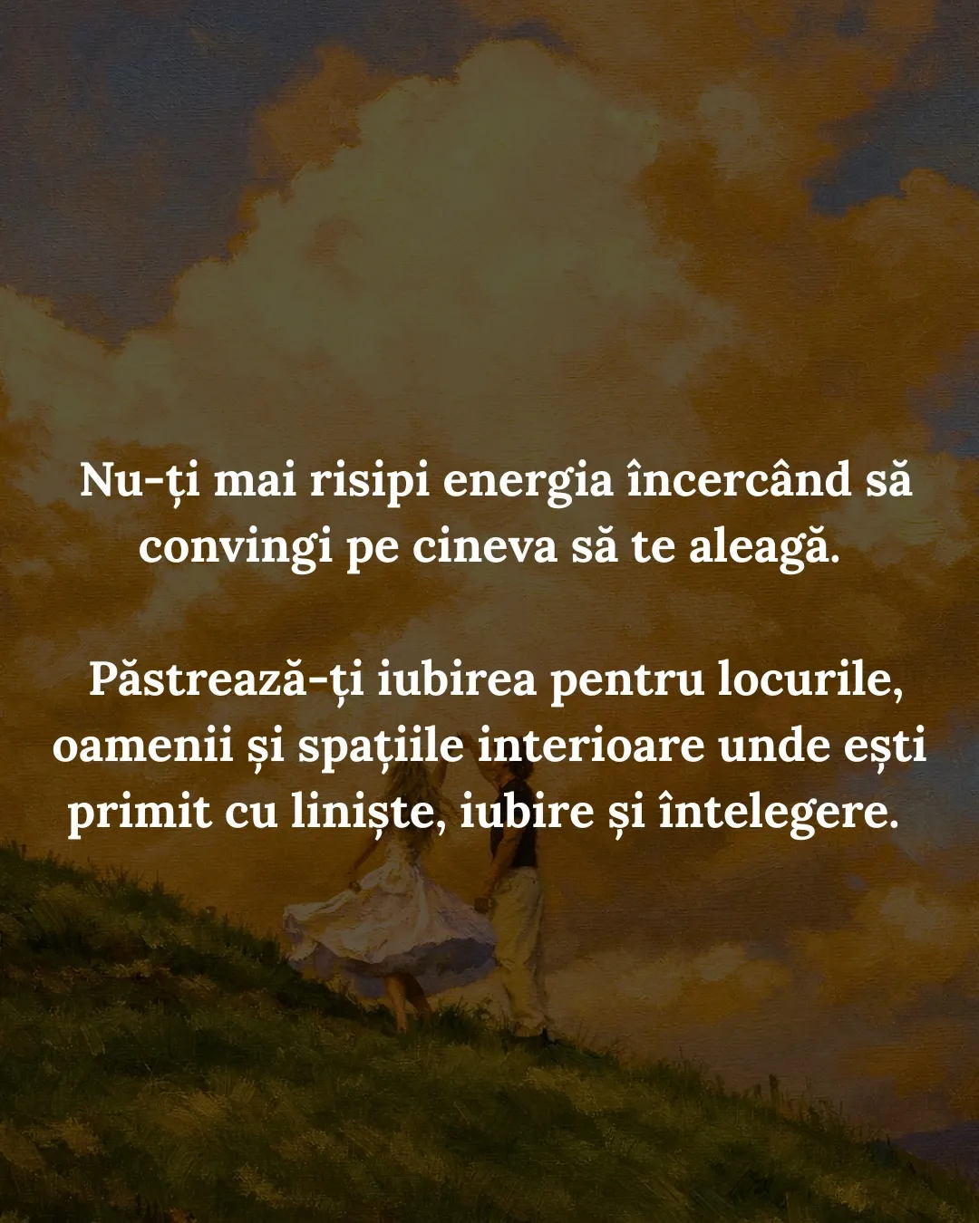 Pictură în ulei cu doi oameni care dansează pe un deal, sub nori aurii, cu textul postării scris peste