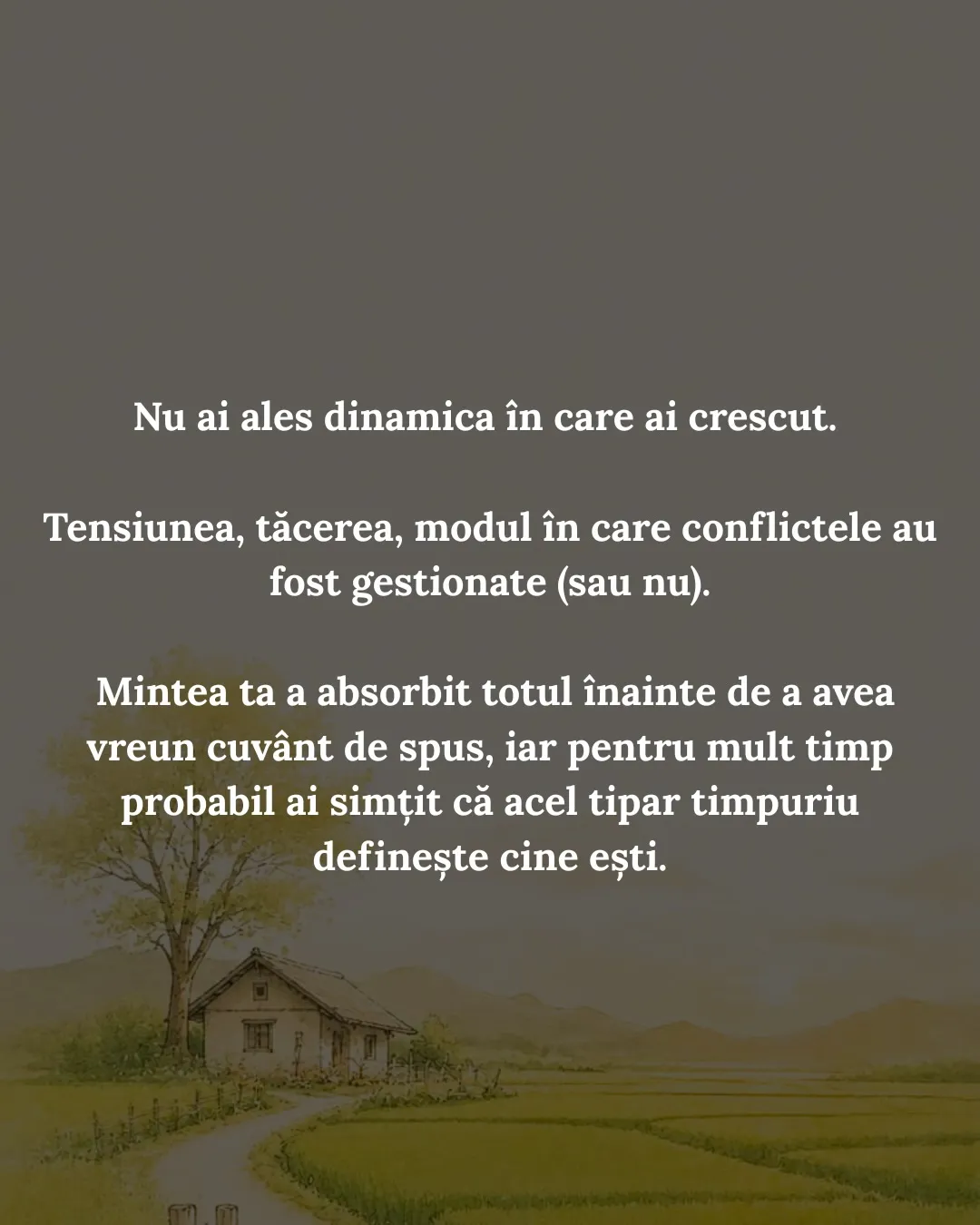 Ilustrație cu o casă mică lângă un copac, pe câmp, în lumină caldă, cu textul postării scris peste