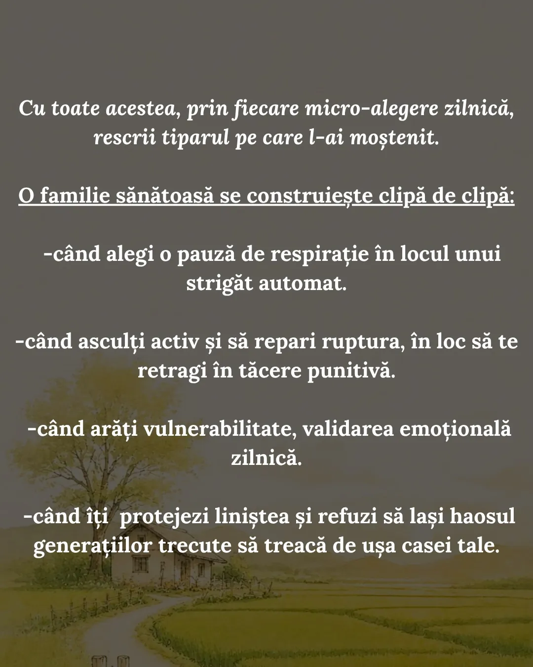 Ilustrație cu o casă mică lângă un copac, pe câmp, în lumină caldă, cu textul postării scris peste