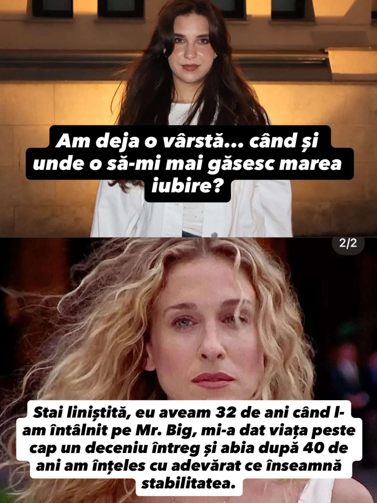 Colaje cu Nora sus și cadre din seriale și filme dedesubt, cu întrebarea și răspunsurile scrise peste imagini