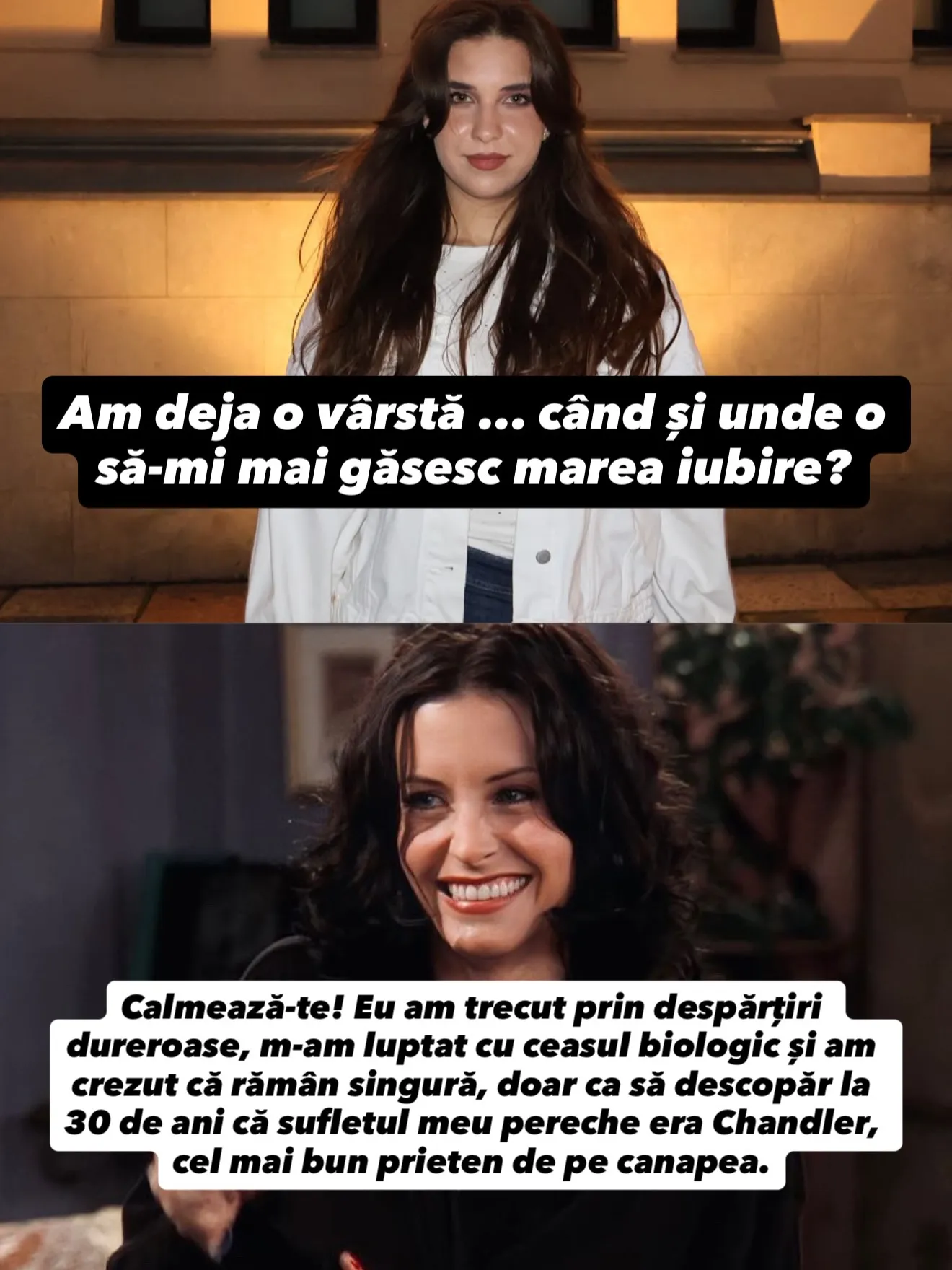 Colaje cu Nora sus și cadre din seriale și filme dedesubt, cu întrebarea și răspunsurile scrise peste imagini