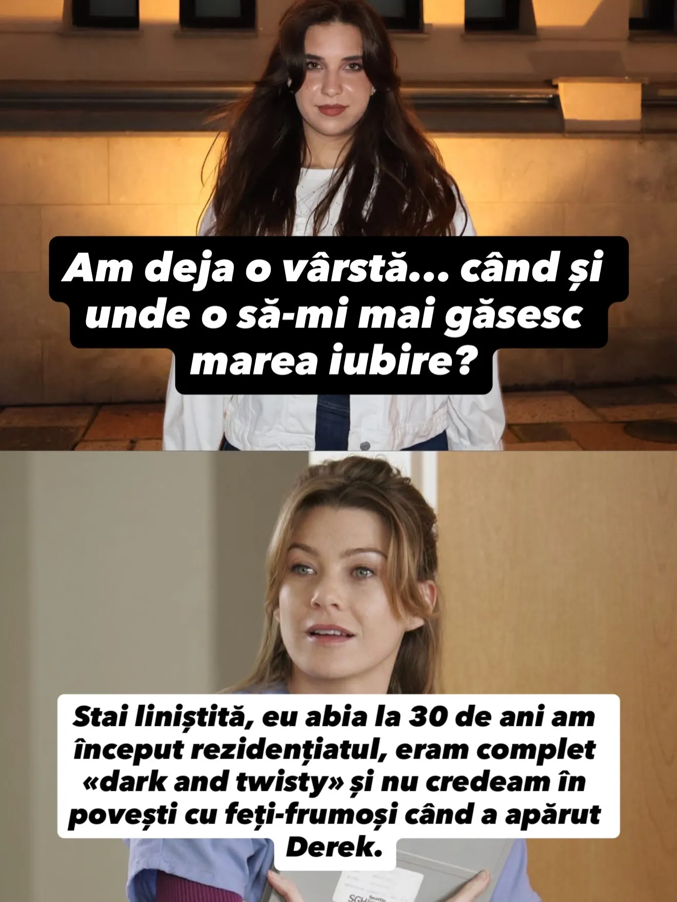 Colaje cu Nora sus și cadre din seriale și filme dedesubt, cu întrebarea și răspunsurile scrise peste imagini