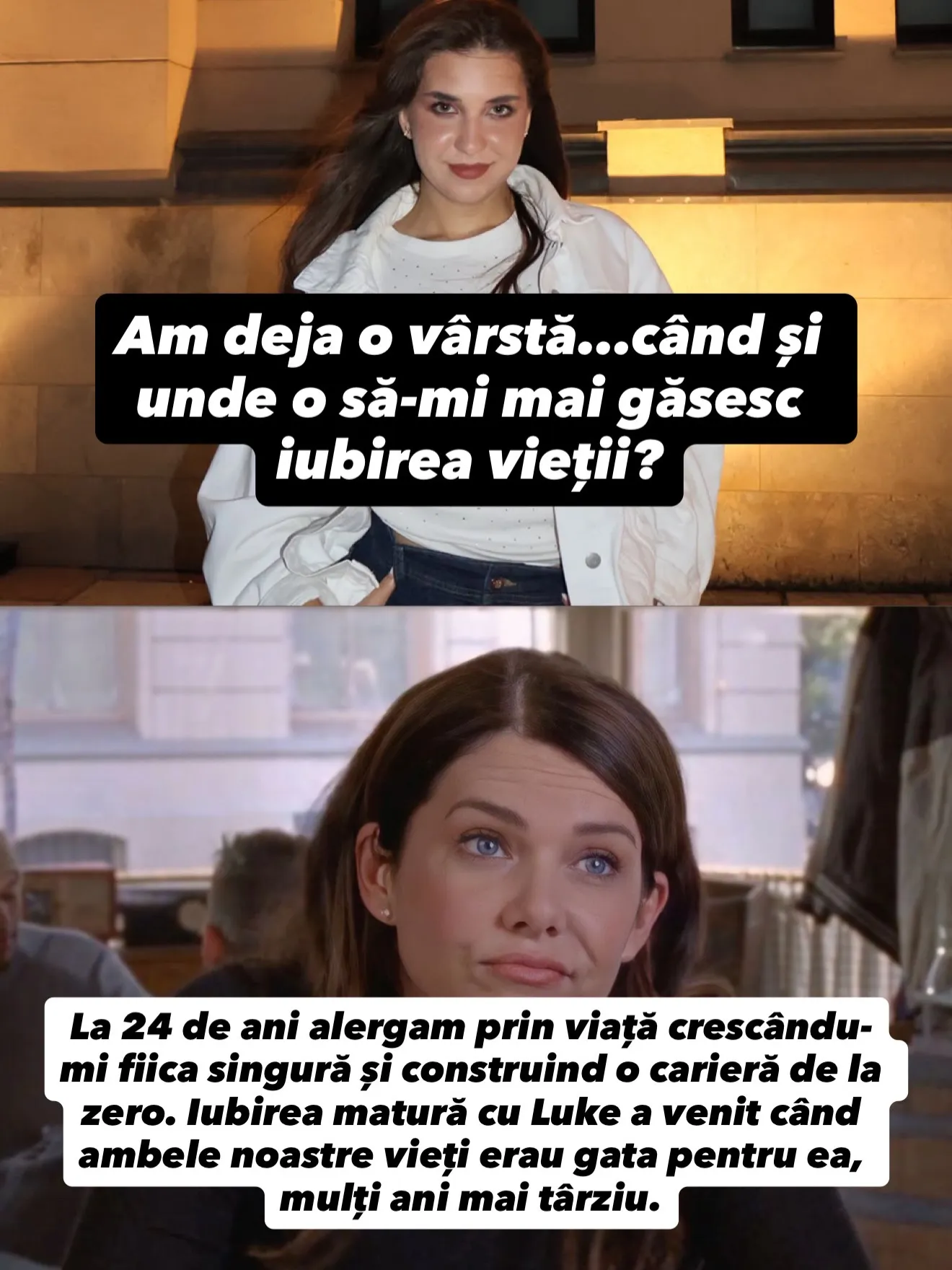 Colaje cu Nora sus și cadre din seriale și filme dedesubt, cu întrebarea și răspunsurile scrise peste imagini