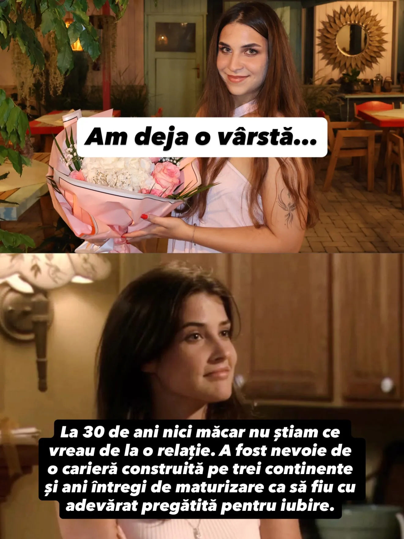 Colaje cu Nora sus și cadre din seriale și filme dedesubt, cu întrebarea și răspunsurile scrise peste imagini