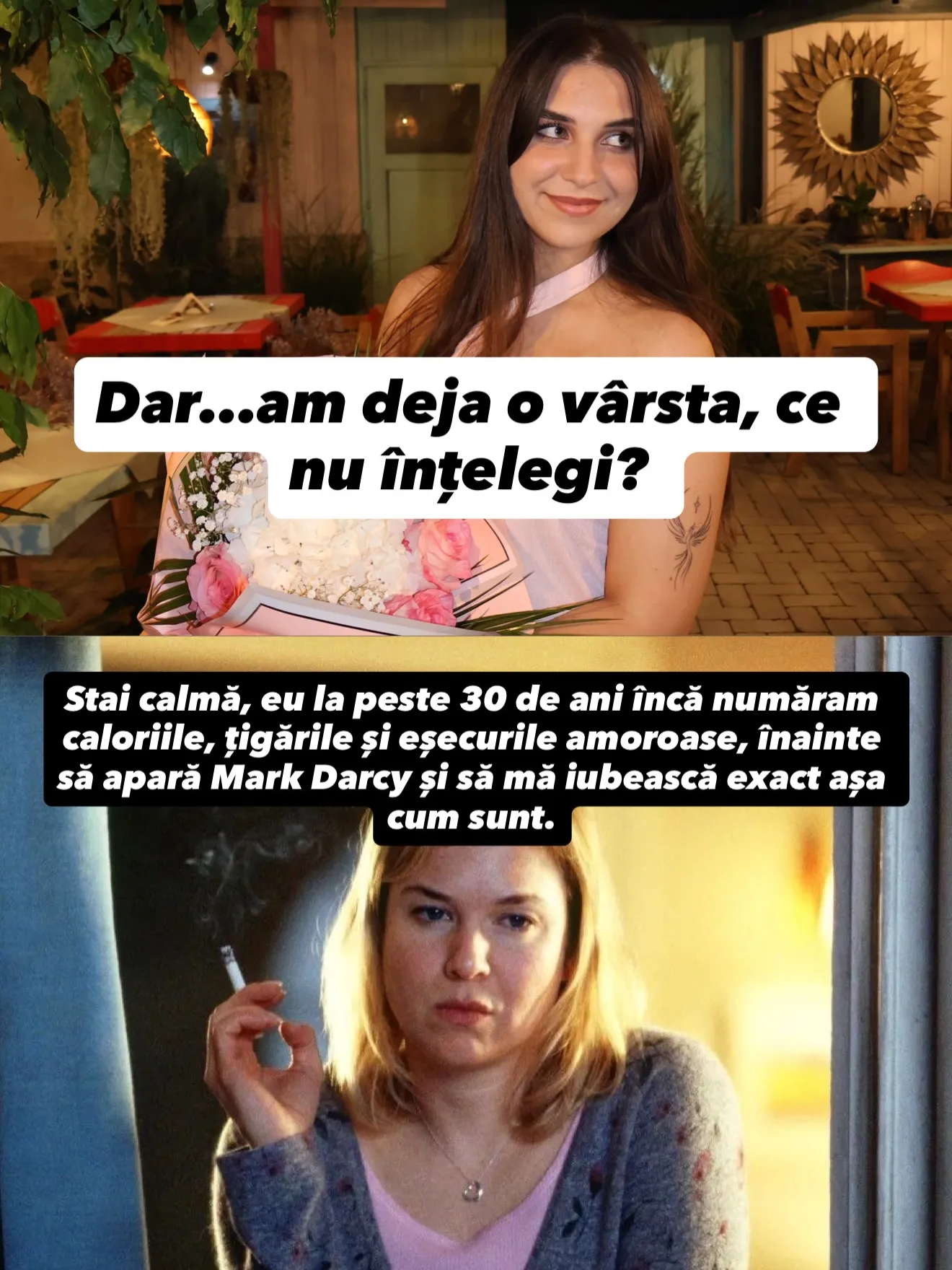 Colaje cu Nora sus și cadre din seriale și filme dedesubt, cu întrebarea și răspunsurile scrise peste imagini