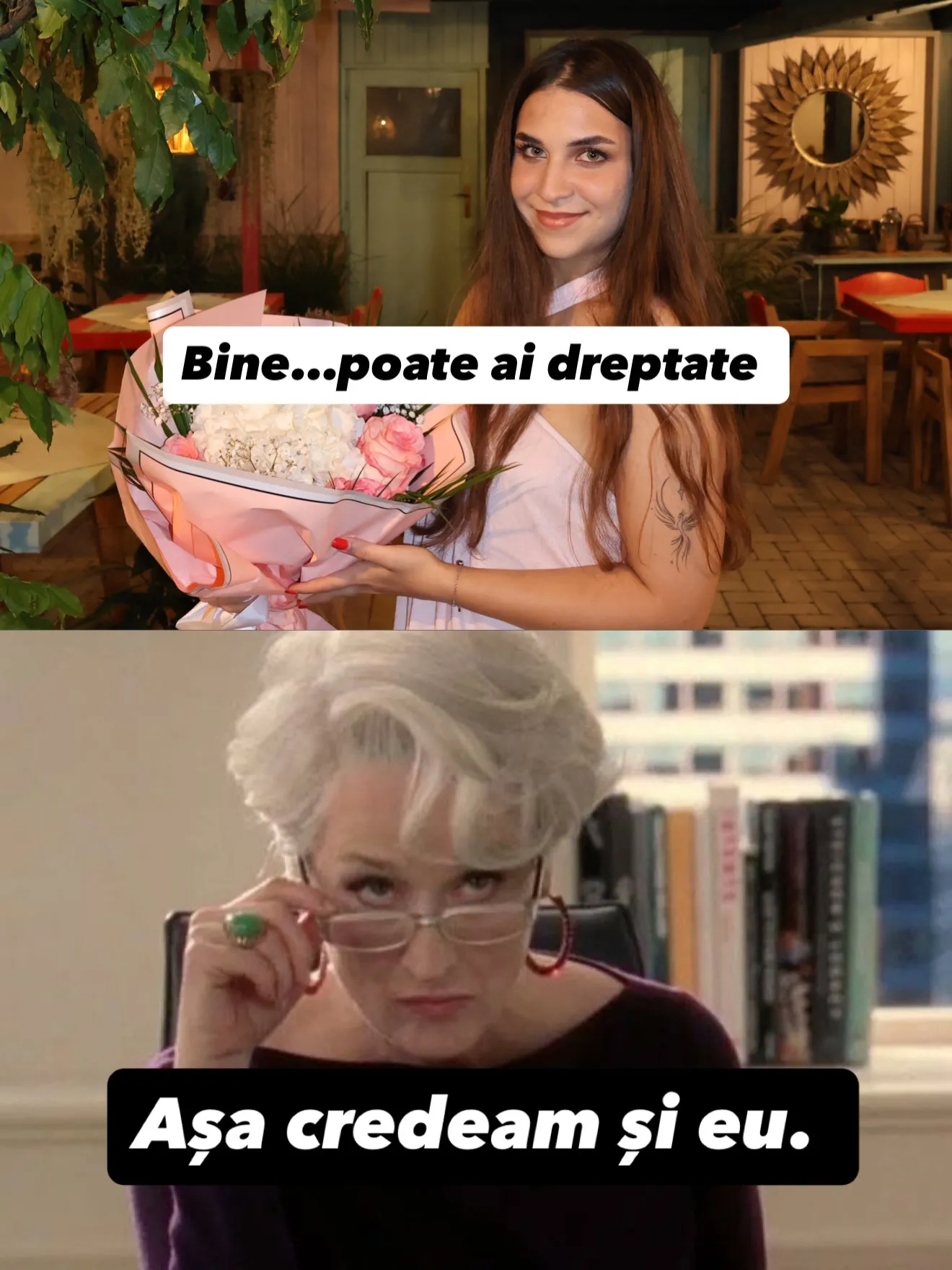 Colaje cu Nora sus și cadre din seriale și filme dedesubt, cu întrebarea și răspunsurile scrise peste imagini