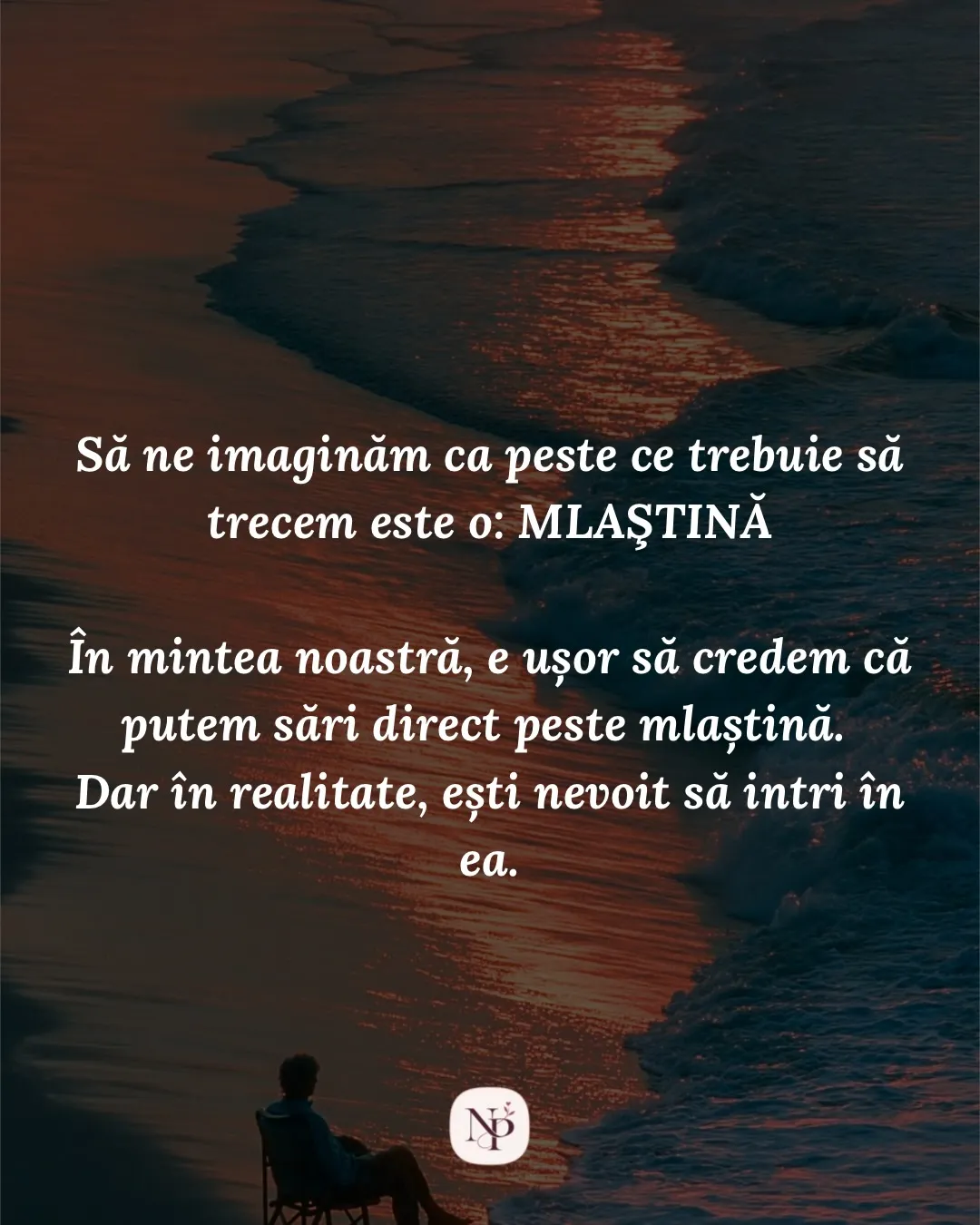 Fotografie cu un om așezat pe un scaun pliant, singur pe plajă la apus, cu textul postării scris peste