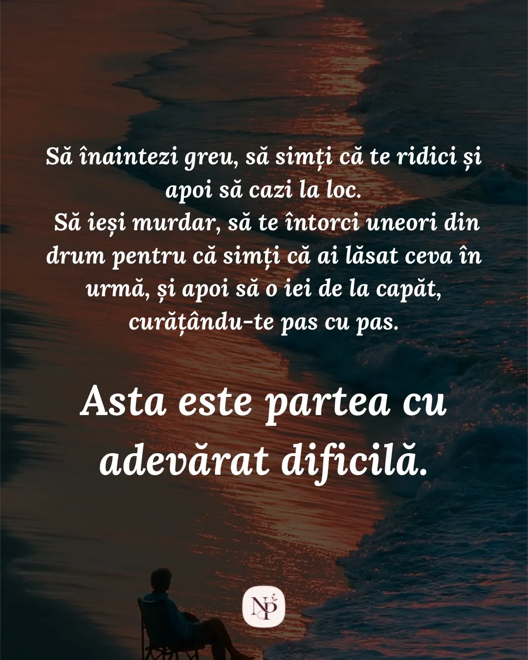Fotografie cu un om așezat pe un scaun pliant, singur pe plajă la apus, cu textul postării scris peste