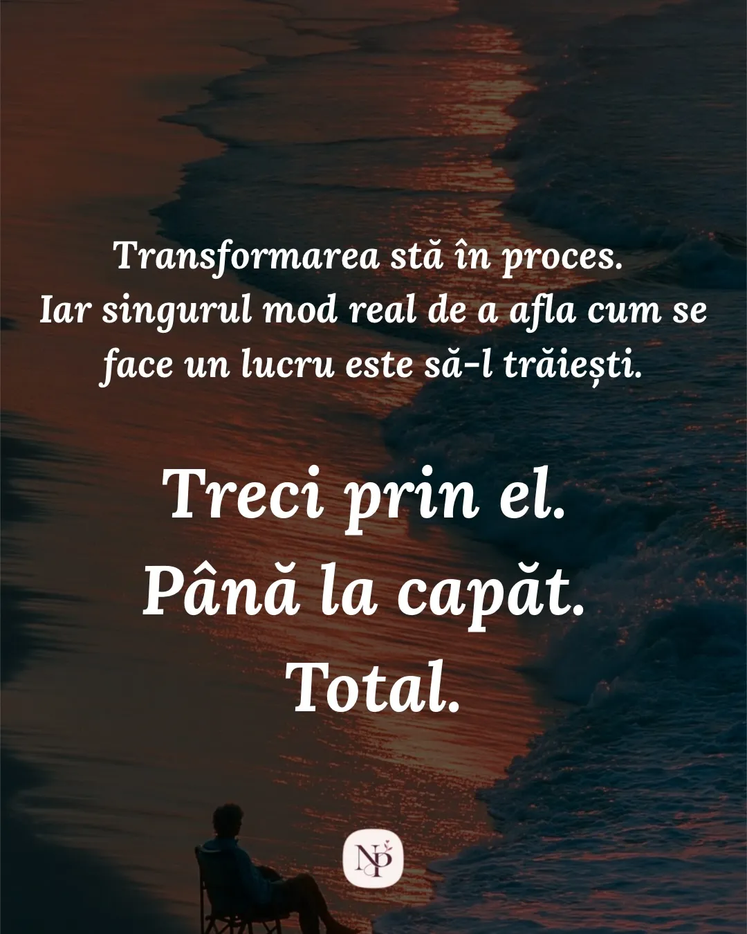 Fotografie cu un om așezat pe un scaun pliant, singur pe plajă la apus, cu textul postării scris peste
