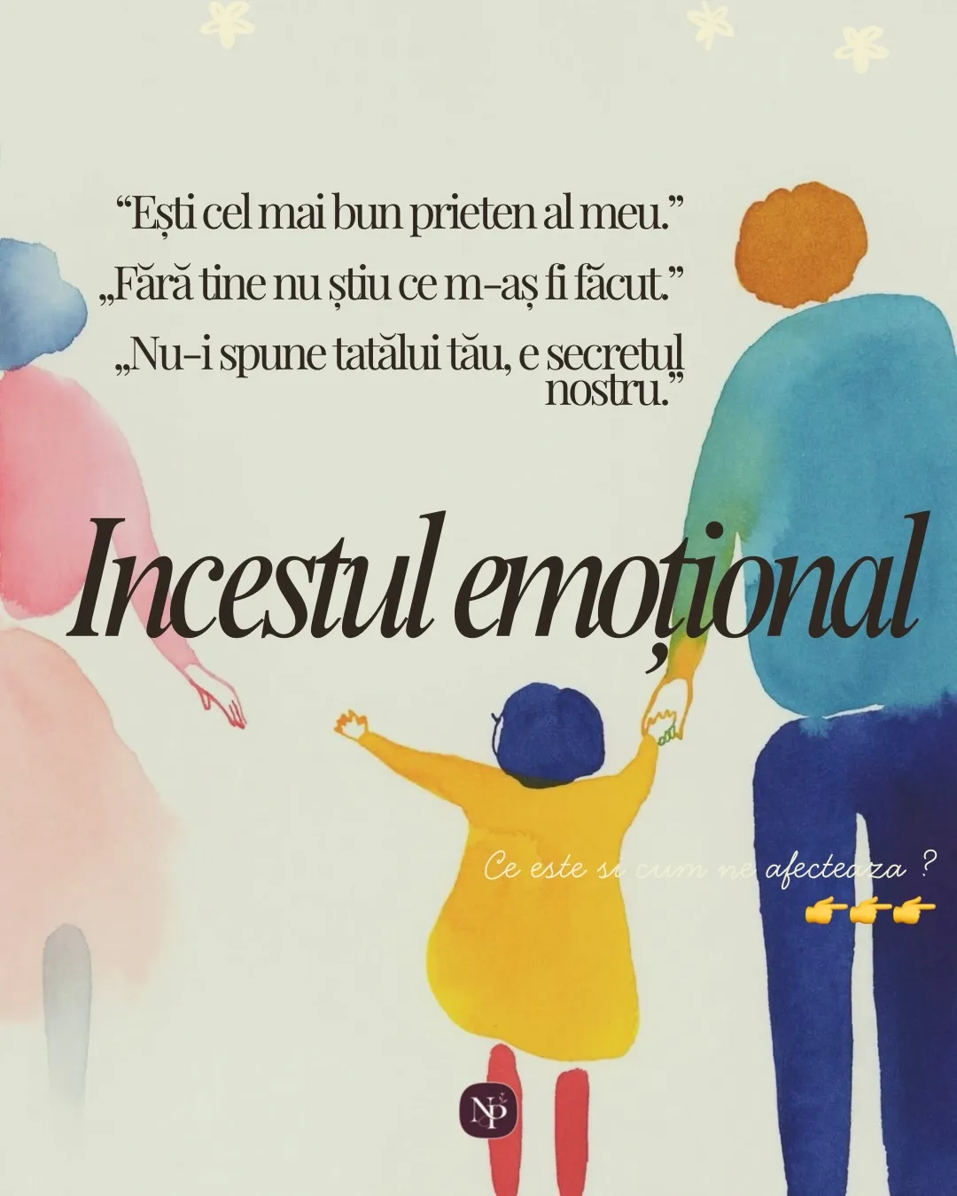 Ilustrație în acuarelă cu un copil ținut de mână de un părinte, în timp ce celălalt părinte se îndepărtează, cu textul postării scris peste