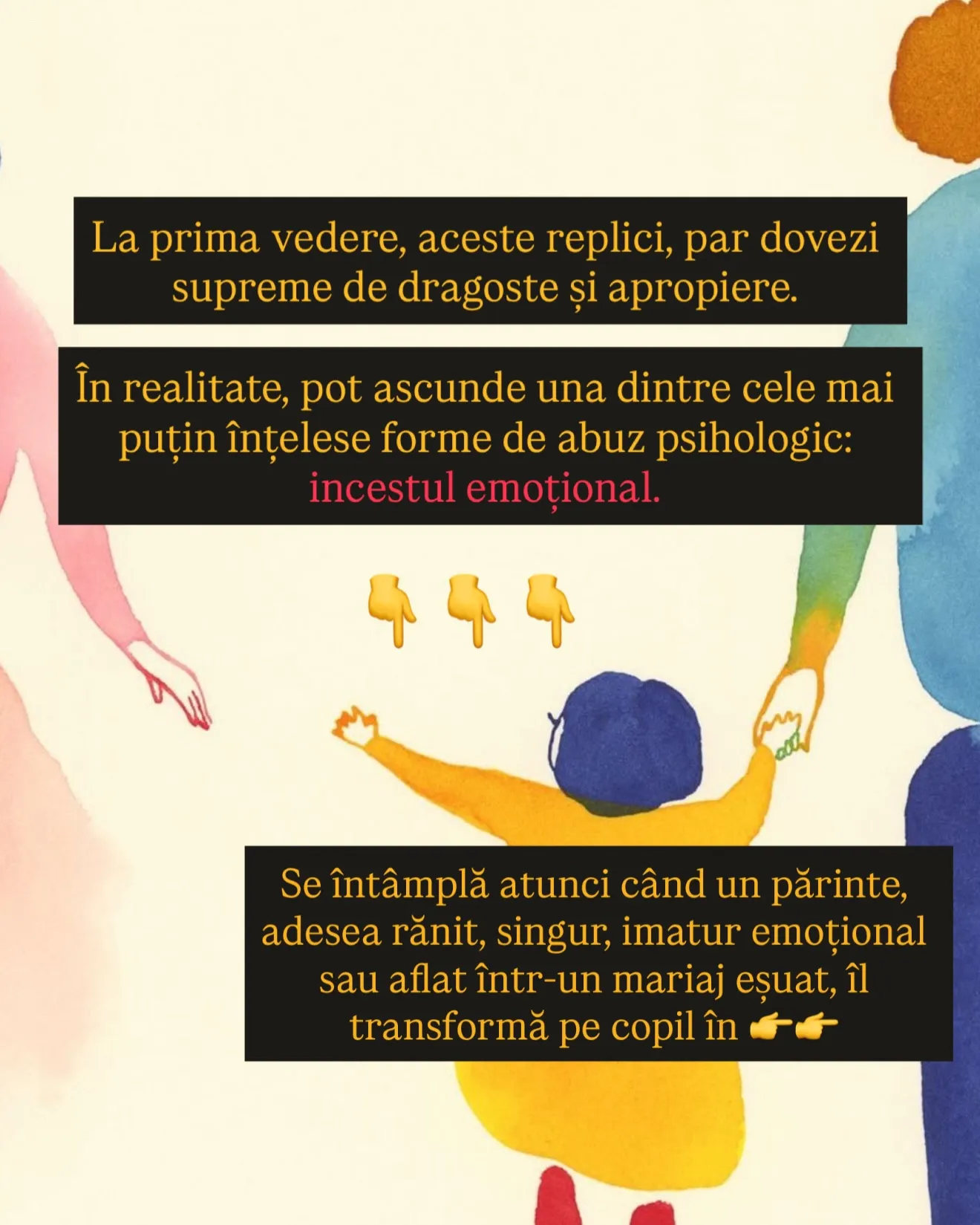 Ilustrație în acuarelă cu un copil ținut de mână de un părinte, în timp ce celălalt părinte se îndepărtează, cu textul postării scris peste