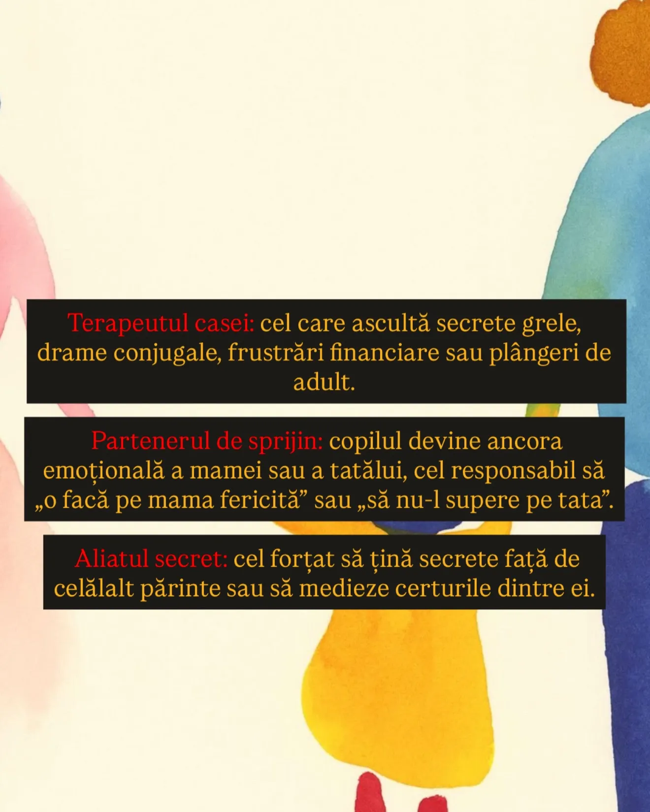 Ilustrație în acuarelă cu un copil ținut de mână de un părinte, în timp ce celălalt părinte se îndepărtează, cu textul postării scris peste