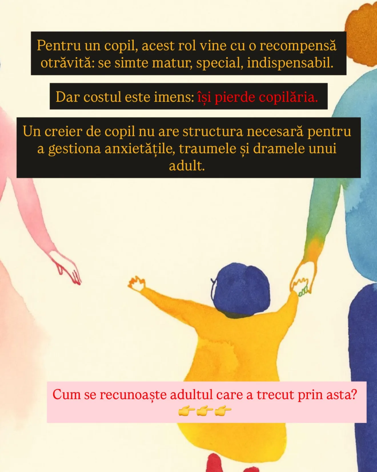 Ilustrație în acuarelă cu un copil ținut de mână de un părinte, în timp ce celălalt părinte se îndepărtează, cu textul postării scris peste