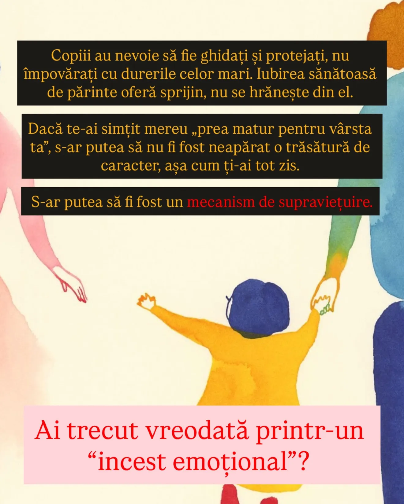 Ilustrație în acuarelă cu un copil ținut de mână de un părinte, în timp ce celălalt părinte se îndepărtează, cu textul postării scris peste
