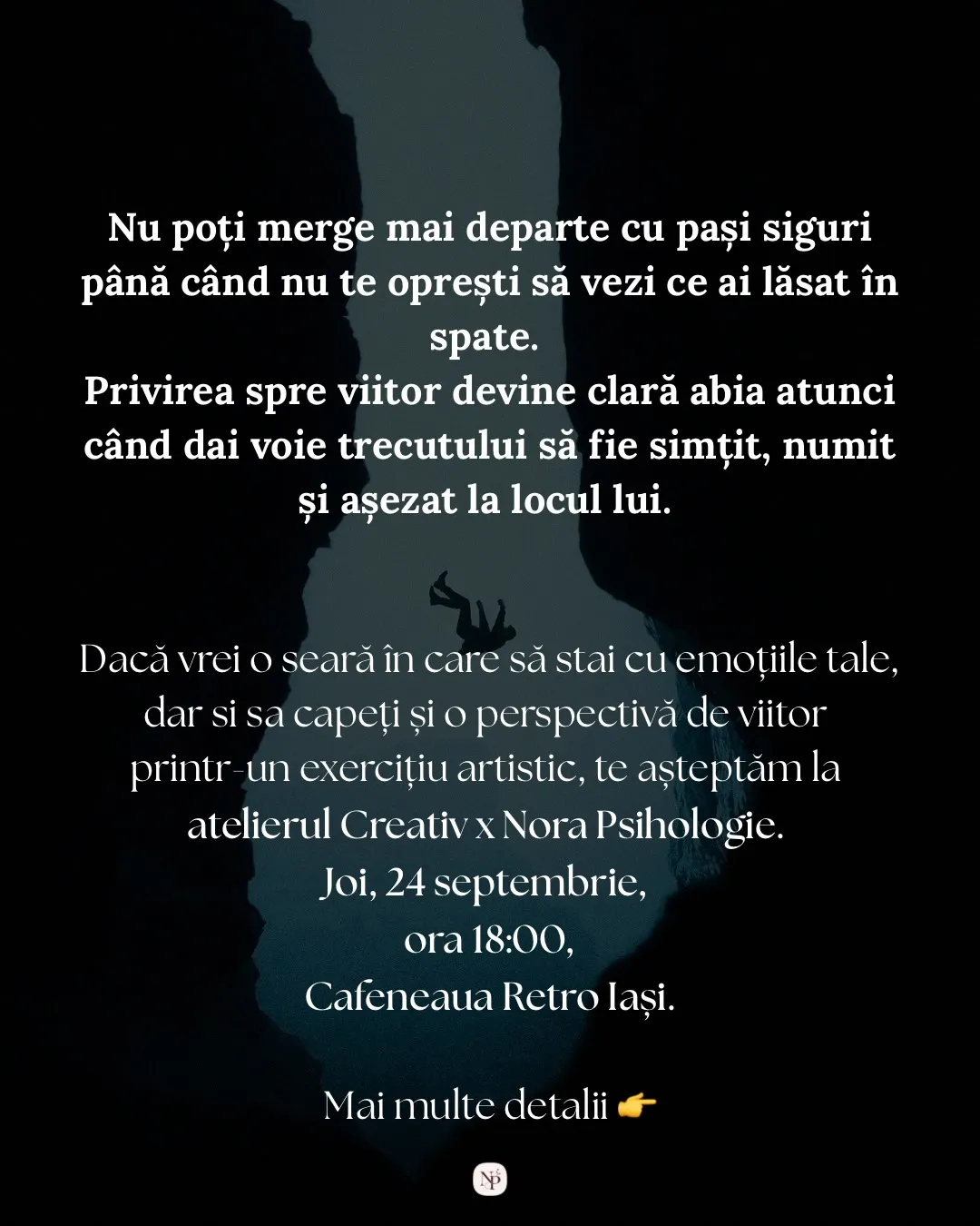 Fotografie cu o siluetă care cade între doi pereți de stâncă, spre o apă întunecată, cu textul postării scris peste